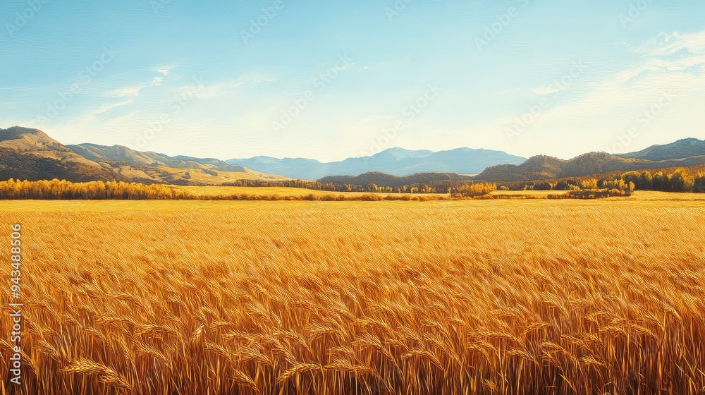 Obraz premium Golden fields stretching under a clear, cool autumn sky.