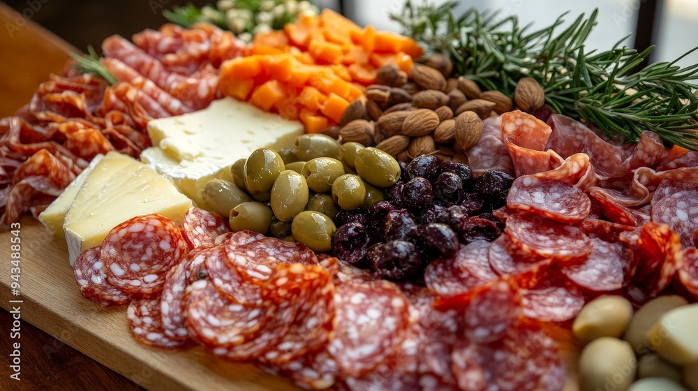 gourmet charcuterie board arranged with an assortment of cured meats, cheeses, olives, nuts, and fresh fruits. gourmet charcuterie board arranged with an assortment of cured meats, cheeses, olives, nuts, and fresh fruits.