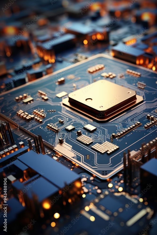 Close-up of a microchip on a glowing circuit board Close-up of a microchip on a glowing circuit board