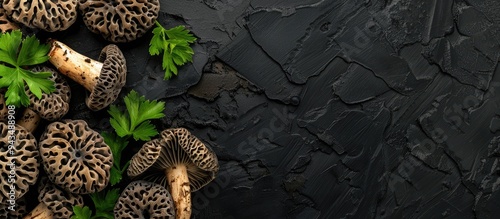 Black morel mushrooms with parsley on a rustic black wooden backdrop for vegan cooking Embracing the hobby hunter concept with available copy space image photo