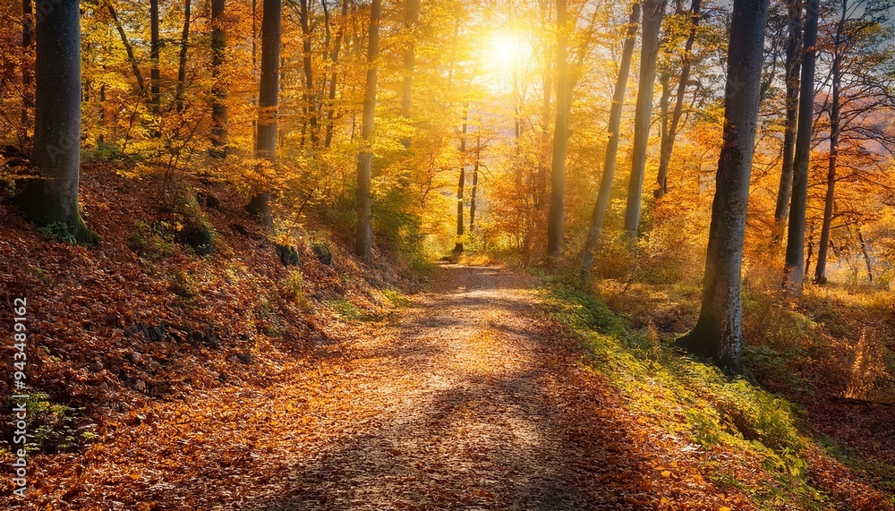Experience the Magic of Autumn: A Forest Path Covered in Vibrant Leaves Bathed in Sunlight. Generative AI Experience the Magic of Autumn: A Forest Path Covered in Vibrant Leaves Bathed in Sunlight. Generative AI