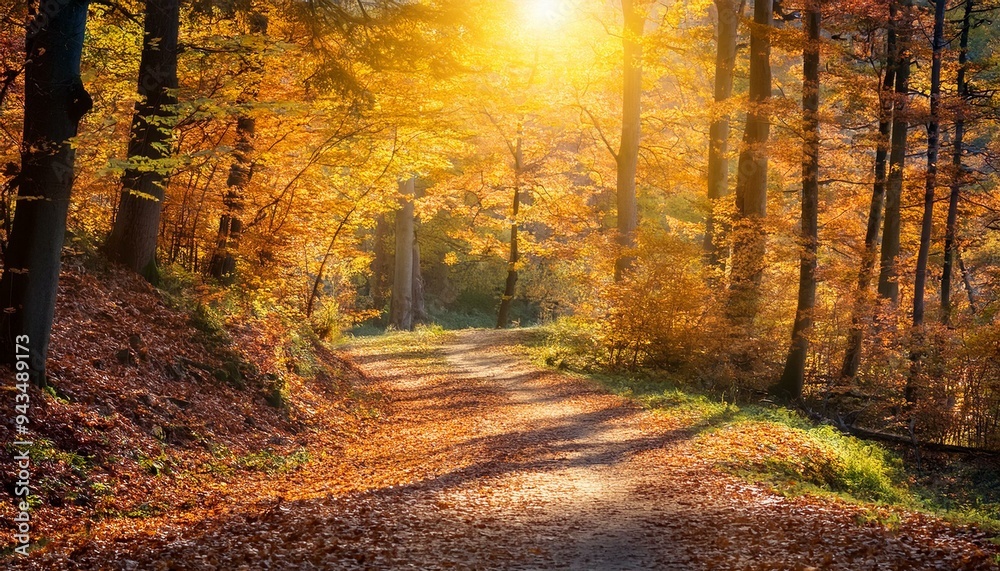Experience the Magic of Autumn: A Forest Path Covered in Vibrant Leaves Bathed in Sunlight. Generative AI Experience the Magic of Autumn: A Forest Path Covered in Vibrant Leaves Bathed in Sunlight. Generative AI