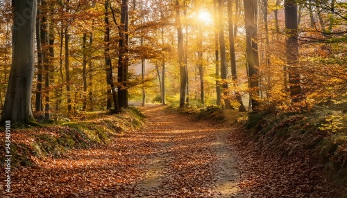 Walk Through a Sunlit Autumn Forest Path Filled with Colorful Leaves and Tranquil Beauty. Generative AI.