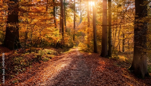 Walk Through a Sunlit Autumn Forest Path Filled with Colorful Leaves and Tranquil Beauty. Generative AI.