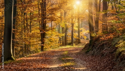 Walk Through a Sunlit Autumn Forest Path Filled with Colorful Leaves and Tranquil Beauty. Generative AI.