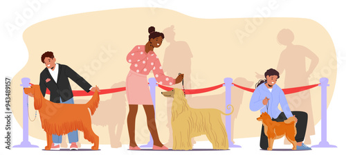 Characters Presenting Their Dogs At A Professional Dog Show Event. Participants Showcasing Their Pets In Front Of Judges