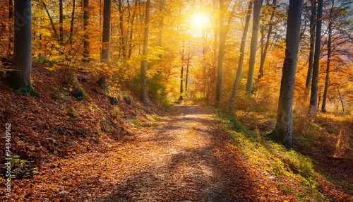 Experience the Magic of Autumn: A Forest Path Covered in Vibrant Leaves Bathed in Sunlight. Generative AI