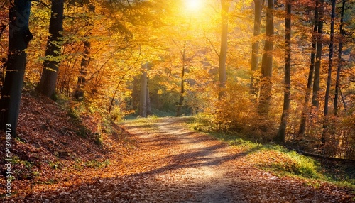 Experience the Magic of Autumn: A Forest Path Covered in Vibrant Leaves Bathed in Sunlight. Generative AI