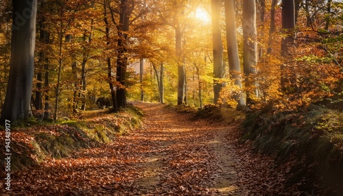 Experience the Magic of Autumn: A Forest Path Covered in Vibrant Leaves Bathed in Sunlight. Generative AI