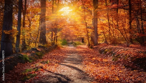 Experience the Magic of Autumn: A Forest Path Covered in Vibrant Leaves Bathed in Sunlight. Generative AI