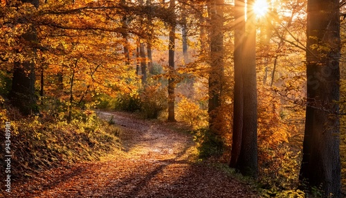 Experience the Magic of Autumn: A Forest Path Covered in Vibrant Leaves Bathed in Sunlight. Generative AI