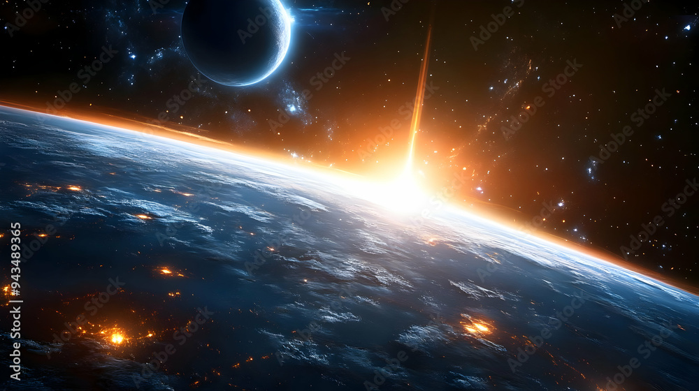 Obraz premium A breathtaking view of a planet with a bright sun and a moon in the background, with stars scattered across the dark expanse of space.
