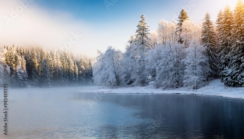 snowy forest and shore near the lake light frosty haze over water from cold