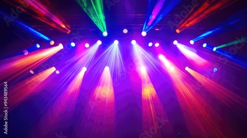 Stage lights creating a kaleidoscope effect, multicolored beams, festive and lively setting, high energy