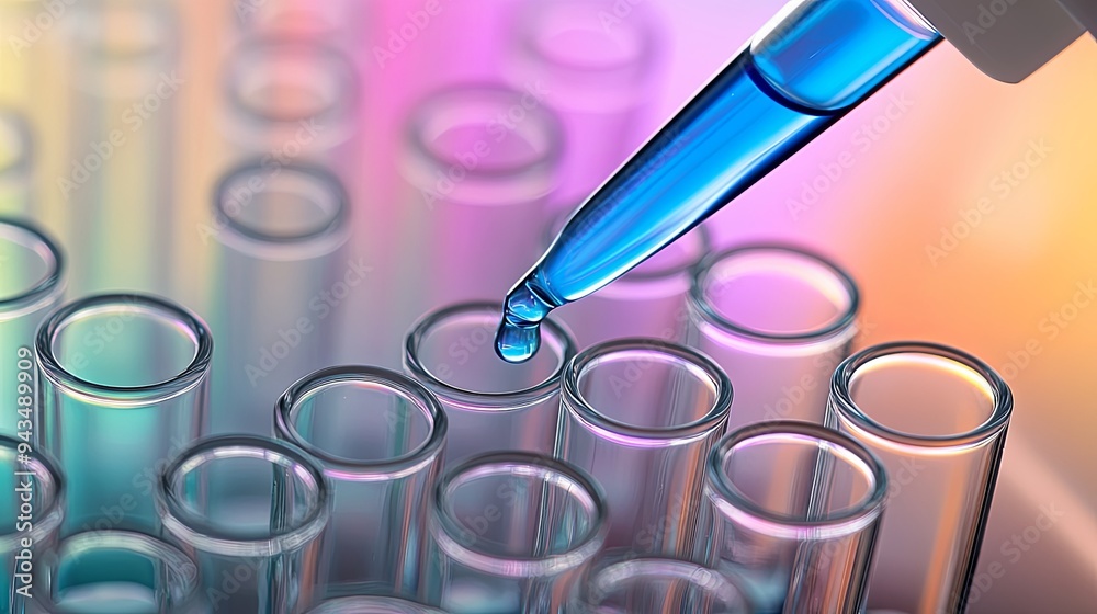A dropper releasing blue liquid into a row of test tubes on a colorful background. A dropper releasing blue liquid into a row of test tubes on a colorful background.