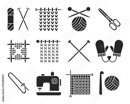 Knitting, black icons set. Crochet knitting machine with needle threads. Hobby and needlework concept. Templates, vector