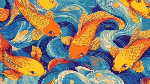 repeating pattern of stylized fish swimming in a flowing, dynamic composition.