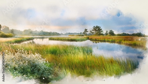 watercolour painting of the marsh landscape a picturesque wetland environment in soft natural harmonious colours