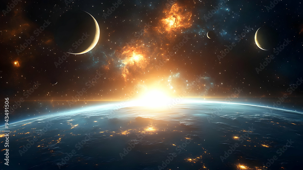 A breathtaking view of a sunrise over a planet, surrounded by stars, planets, and a nebula. A breathtaking view of a sunrise over a planet, surrounded by stars, planets, and a nebula.