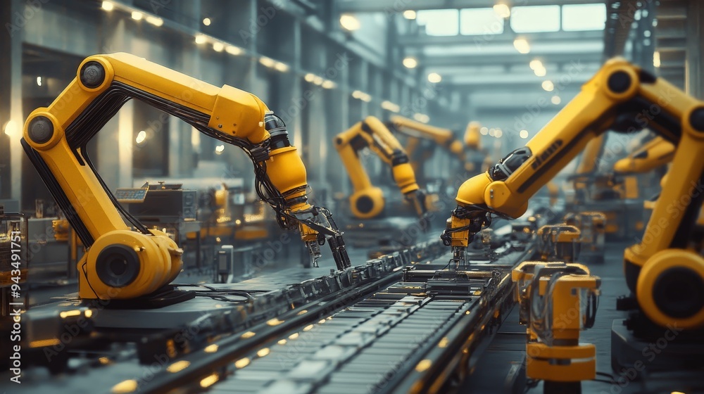 bustling factory floor where robotics and automation have revolutionized manufacturing. bustling factory floor where robotics and automation have revolutionized manufacturing.