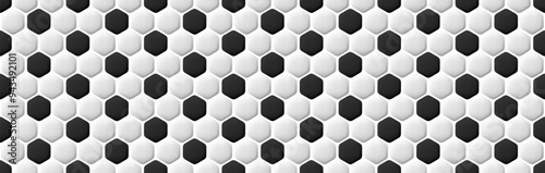 3d football seamless bw pattern. Abstract vector black and white endless soccer ball bg. Honey comb wallpaper. Floor or wall tile in sport syle