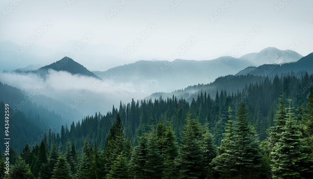Fototapeta premium mountain forest background with fog around trees dark green panorama walpaper background gernerative ai panorama
