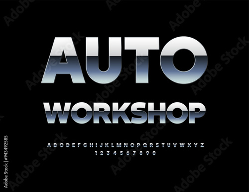 Vector trendy icon Auto Workshop. Unique Silver Font. Modern Metallic Alphabet Letters and Numbers set