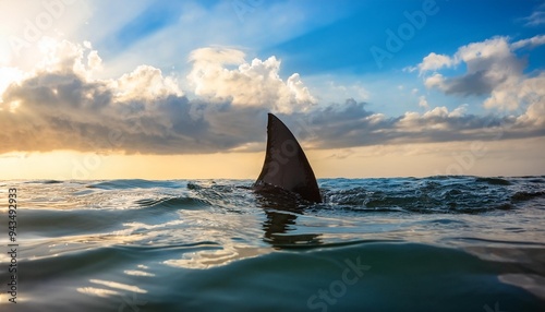 a shark fin protruding from the water against a backdrop of a bright partly cloudy sky in the ocean