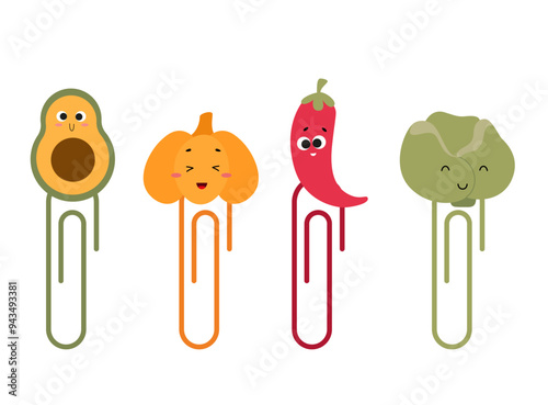 Set of hand drawn paper clips with vegetables characters. Cute funny safety pins for kids