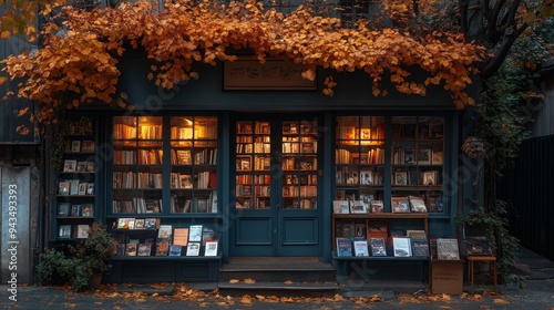 A cozy bookshop adorned with autumn leaves on a charming city corner during dusk
