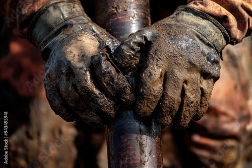 Close-up of an oilfield worker's gloved hands gripping a mud-covered pipe, emphasizing the tough, gritty nature of the oil and gas industry.. photo