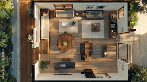 A 3D floor plan of a house, showing a top view of an open-concept living layout. --ar 16:9 --v 6.1 Job ID: 5153850c-b266-4c7c-b2d3-5345762c5366 photo