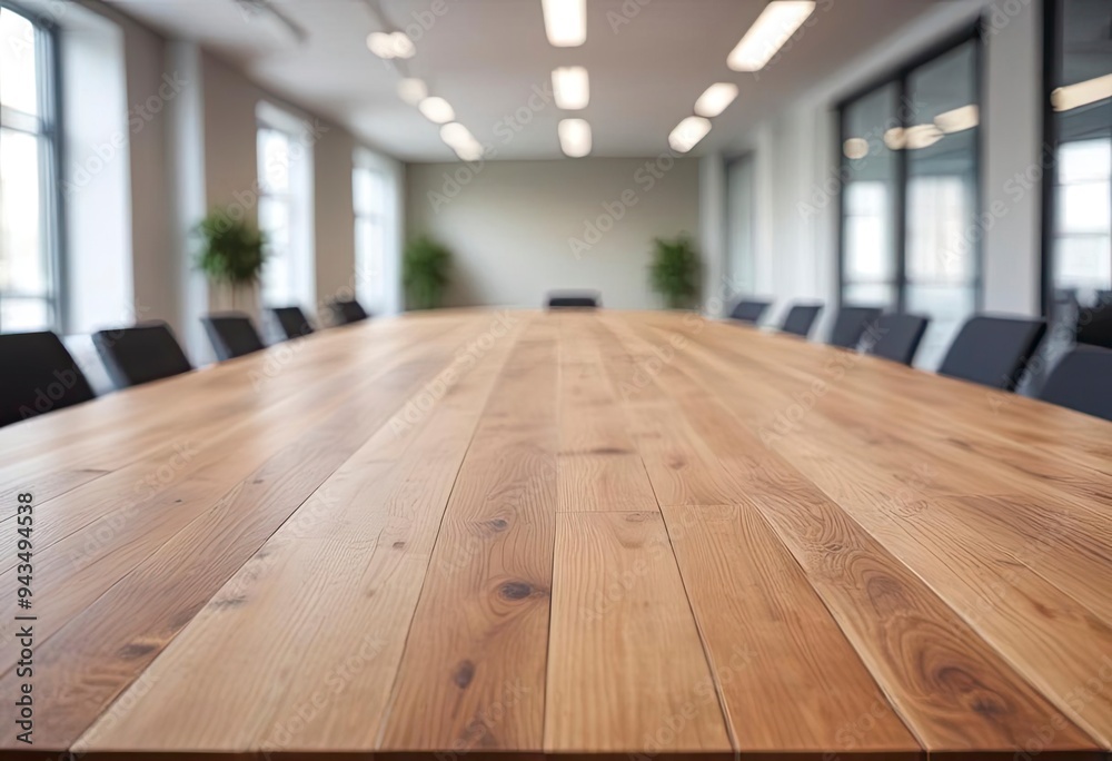 Empty wooden table top in front of a blurred background, showcasing a stylish office meeting area, ideal for business advertising presentations, ai Empty wooden table top in front of a blurred background, showcasing a stylish office meeting area, ideal for business advertising presentations, ai