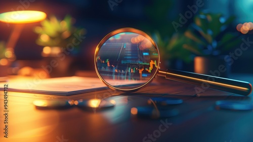 A close-up view of a magnifying glass reflecting financial charts, symbolizing analysis and investment in a cozy workspace. photo