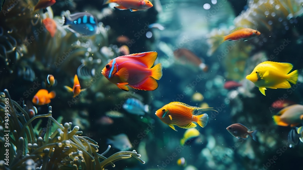 Fototapeta premium Seascape view of Colorful fishes in the blue ocean. Tropical sea underwater fishes on coral reef. Aquarium oceanarium wildlife colorful marine panorama landscape