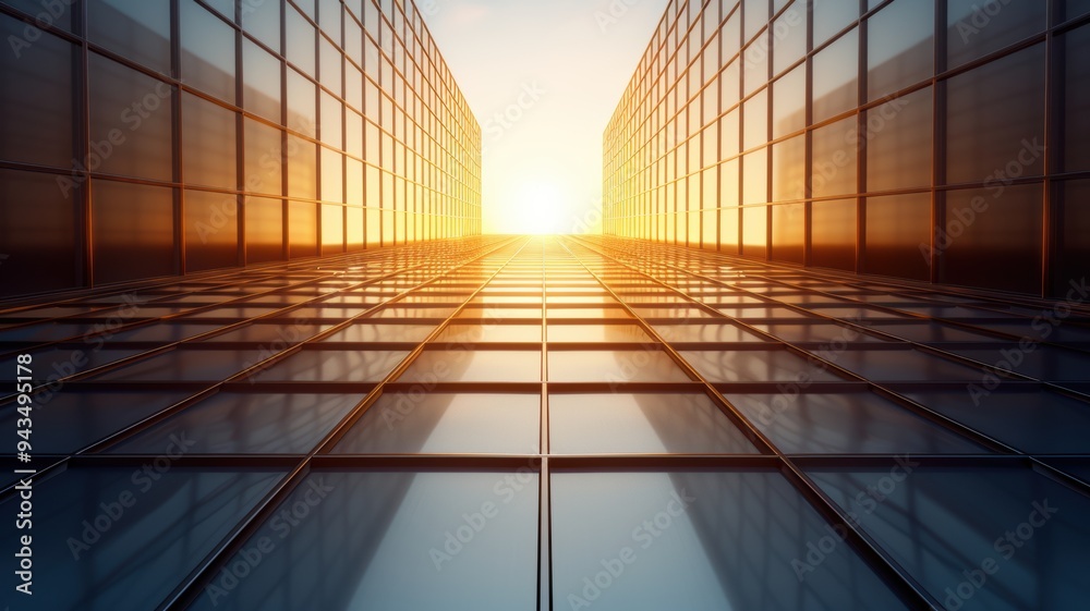 Fototapeta premium A stunning view of a modern skyscraper with glass facade reflecting the warm sunset, creating a serene urban landscape.
