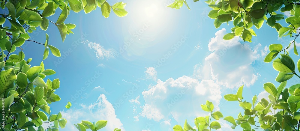 A serene nature scene with lush green foliage set against a vivid blue sky offering ample copy space for text in this picturesque landscape image