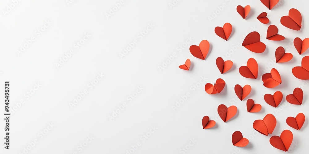 Red paper hearts scattered on a white background, creating a romantic and playful atmosphere.