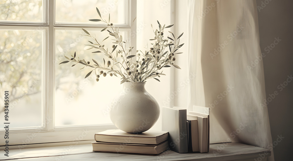 A Vase with Olive Branches on a Wooden Table, Complemented by a Rustic Wooden Cutting Board. The Natural Elegance of the Olive Branches and the Simple, Earthy Elements Create a Serene and Minimalistic A Vase with Olive Branches on a Wooden Table, Complemented by a Rustic Wooden Cutting Board. The Natural Elegance of the Olive Branches and the Simple, Earthy Elements Create a Serene and Minimalistic
