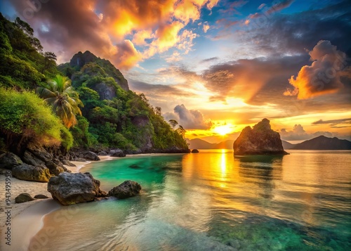 secluded philippines beach paradise sunrise warmth vibrant turquoise waters calm misty atmosphere dramatic rocks silhouettes misty morning golden hour soft focus serene getaway