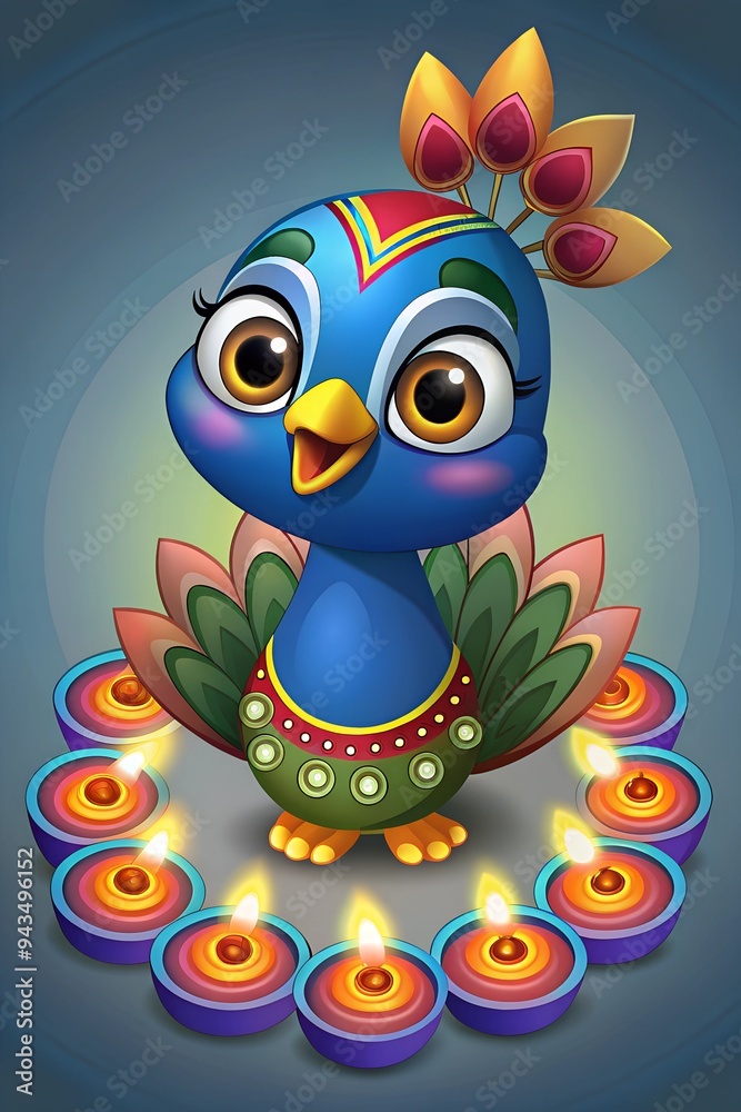 greeting with cute peacock and diyas for Diwali celebration greeting with cute peacock and diyas for Diwali celebration
