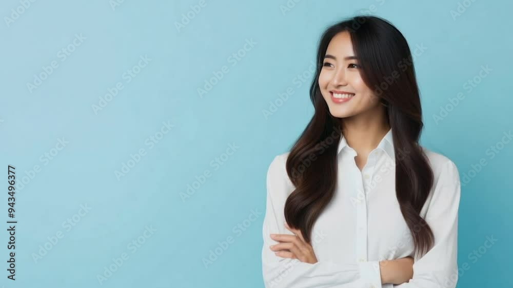 Young Asian woman smiling crossing arms thinking Young Asian woman smiling crossing arms thinking