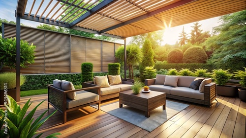 serene warm sunlight filters through sleek modern patio shades surrounding lush greenery comfortable outdoor furniture inviting relaxation  photo