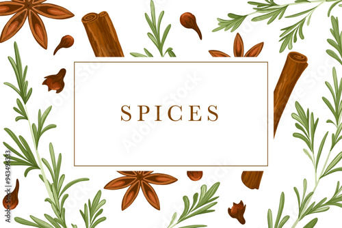 Spices vector tag. Cinnamon, cardamom, cloves, rosemary sticker design. Text box. Condiments pattern background. Label for food, drink, flavour packaging. Uncut elements. White background