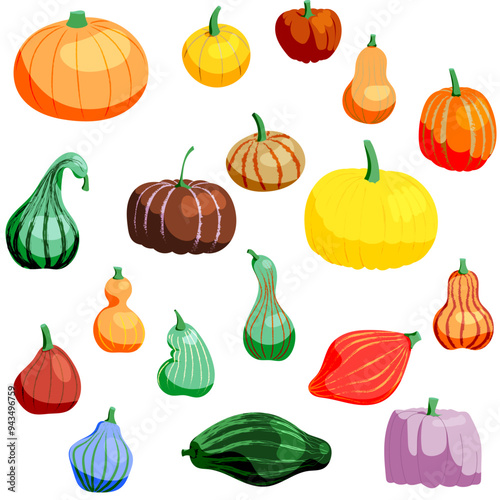 A set of pumpkins in different colors. Great for harvest, autumn or Helloween celebrations - make up your own faces. Vector illustration