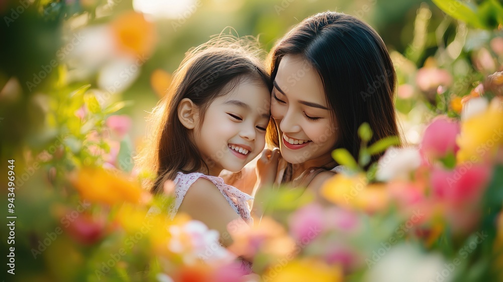 A warm, close-up portrait of a mother and daughter embracing and smiling amidst vibrant flowers and greenery in a garden, symbolizing family love and connection.. A warm, close-up portrait of a mother and daughter embracing and smiling amidst vibrant flowers and greenery in a garden, symbolizing family love and connection..