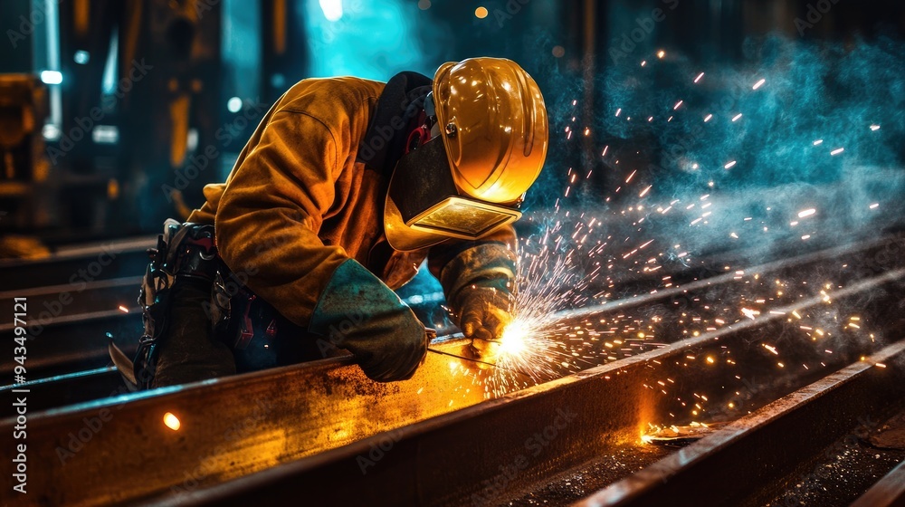 A welder in protective gear intensely working on steel beams, with bright sparks flying, highlighting the industrial process and craftsmanship.. A welder in protective gear intensely working on steel beams, with bright sparks flying, highlighting the industrial process and craftsmanship..