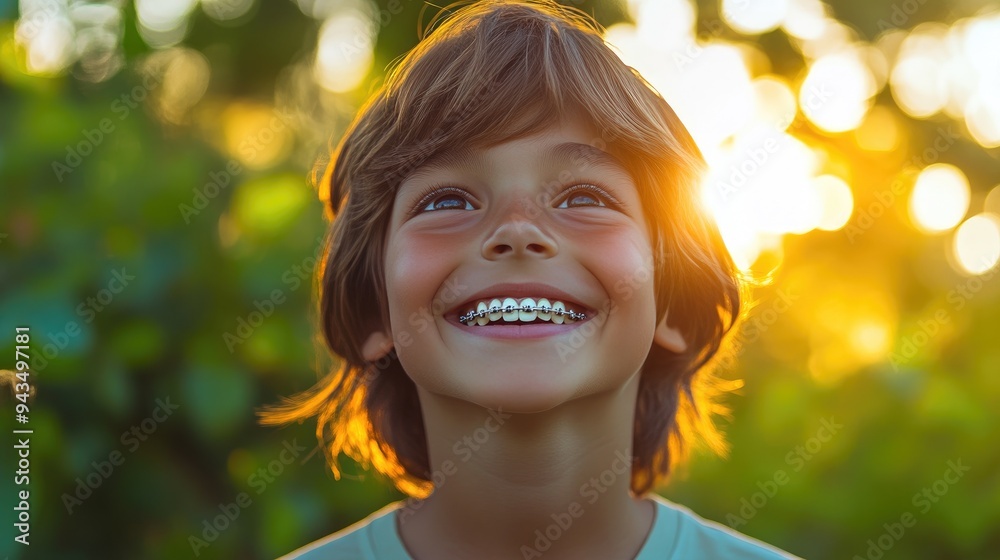 Happy Child with Braces, Vibrant Green Summer Scene Happy Child with Braces, Vibrant Green Summer Scene