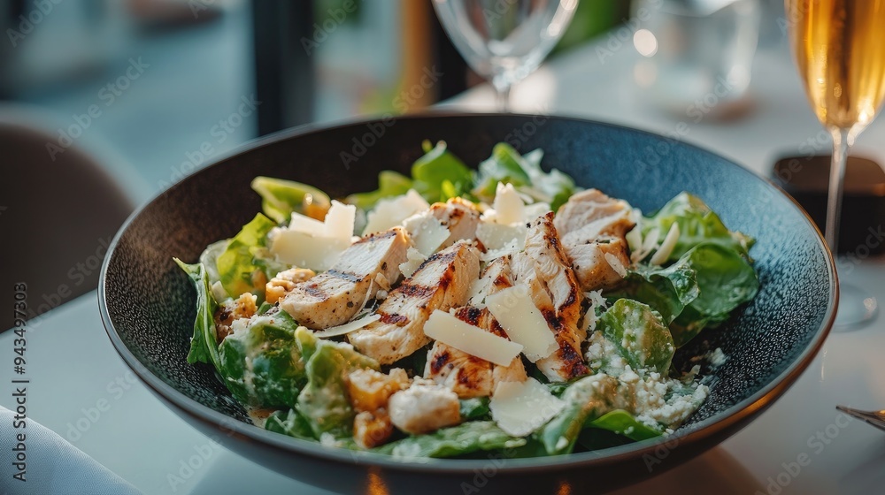 A delicious grilled chicken salad served in a black bowl, featuring fresh greens, herbs, and shaved Parmesan, beautifully lit by natural sunlight in a cozy setting.. A delicious grilled chicken salad served in a black bowl, featuring fresh greens, herbs, and shaved Parmesan, beautifully lit by natural sunlight in a cozy setting..