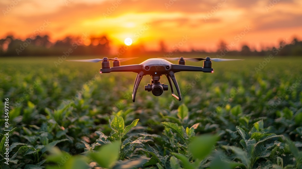 A drone flies over a vibrant green field while the sun sets, surveying crops for precision agriculture. A drone flies over a vibrant green field while the sun sets, surveying crops for precision agriculture.